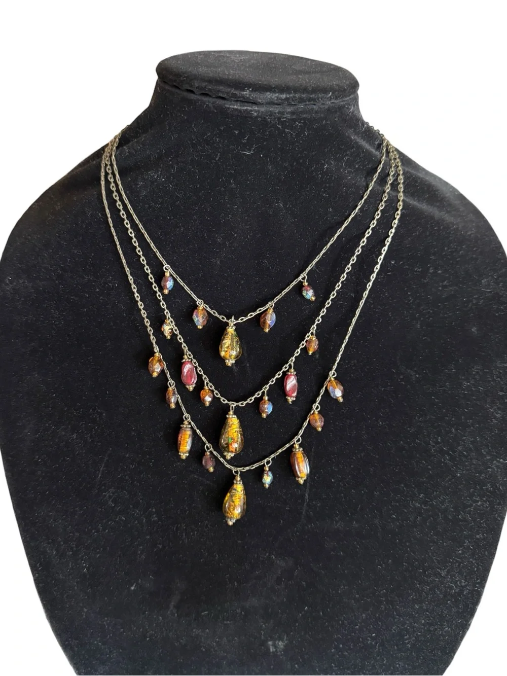 Multi-Layered Gold Tone Necklace with Iridescent Amber and Pink‎ Glass Drops